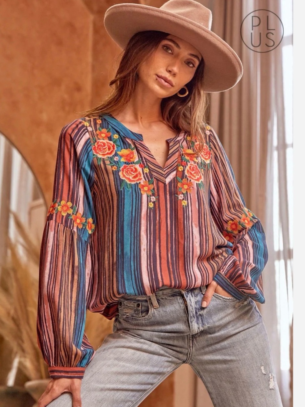 Savanna Jane Multicolor Striped Floral Embroidered Peasant Blouse